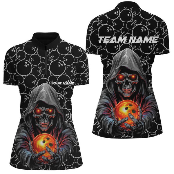 Bowling Shirts Personalized, Skull Bowling Quarter Zip Shirts Women Bowling League Shirts Halloween Outfits