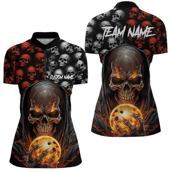 Bowling Shirts Personalized, Skull Bowling Womens Quarter Zip Shirts Bowling Team Jerseys Halloween Outfits