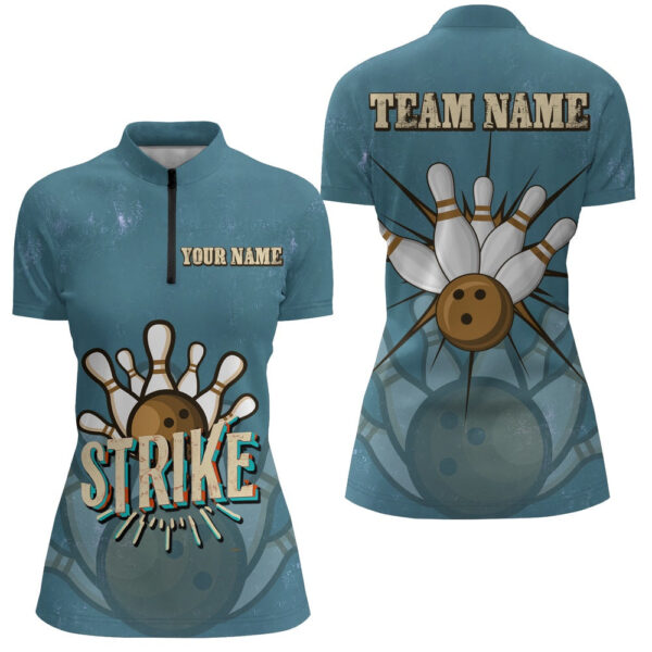 Bowling Shirts Personalized, Strike Bowling Women Quarter Zip Shirts Vintage Bowling Team Jerseys Retro Outfits