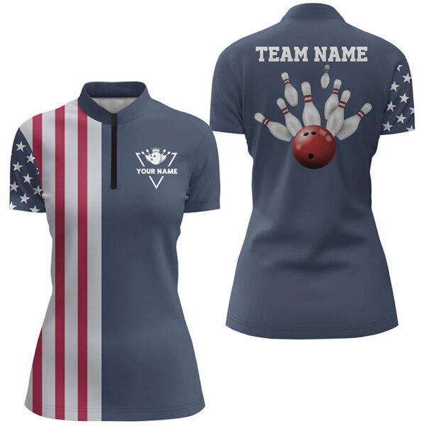 Bowling Shirts Personalized, Vintage Bowling Quarter Zip Shirts For Women American Flag Patriotic Bowling Team Jersey Blue