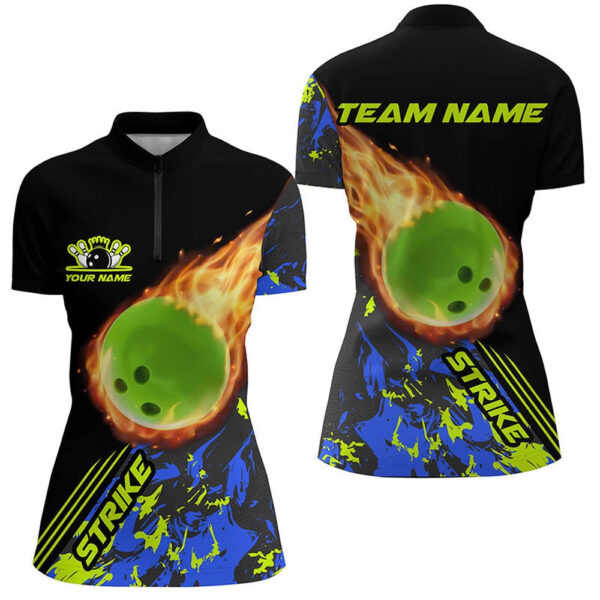Bowling Shirts Personalized, Women Bowling Quarter Zip Shirts Green Flame Bowling Ball Strike Bowling Team Jersey
