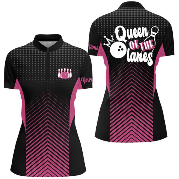 Bowling Shirts Personalized, Women Bowling Quarter Zip Shirts Queen Of The Lanes, Bowling Team Shirt For Women Pink