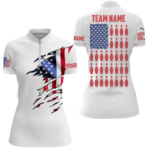 Bowling Shirts Personalized, Women'S Bowling Shirt, Customizable American Flag Bowling Pin Quarter Zip Shirt For Team