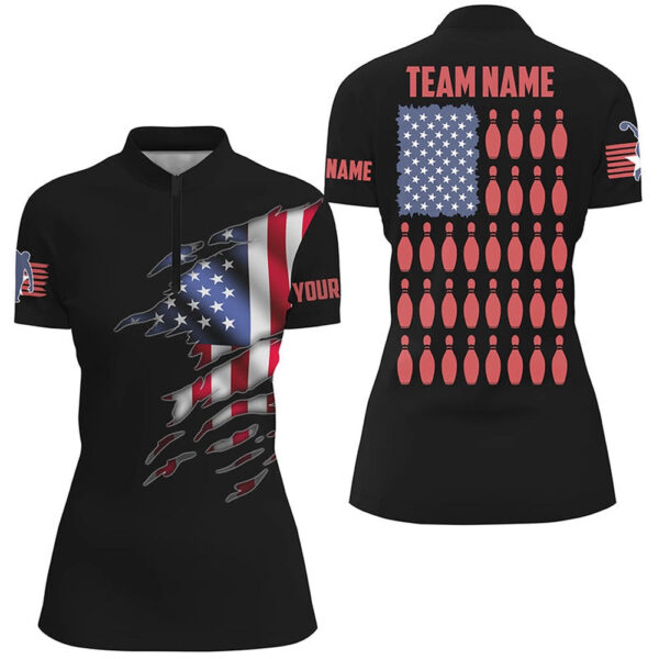 Bowling Shirts Personalized, Women'S Bowling Shirts, Customizable American Flag Bowling Pin Quarter Zip Shirt For Team