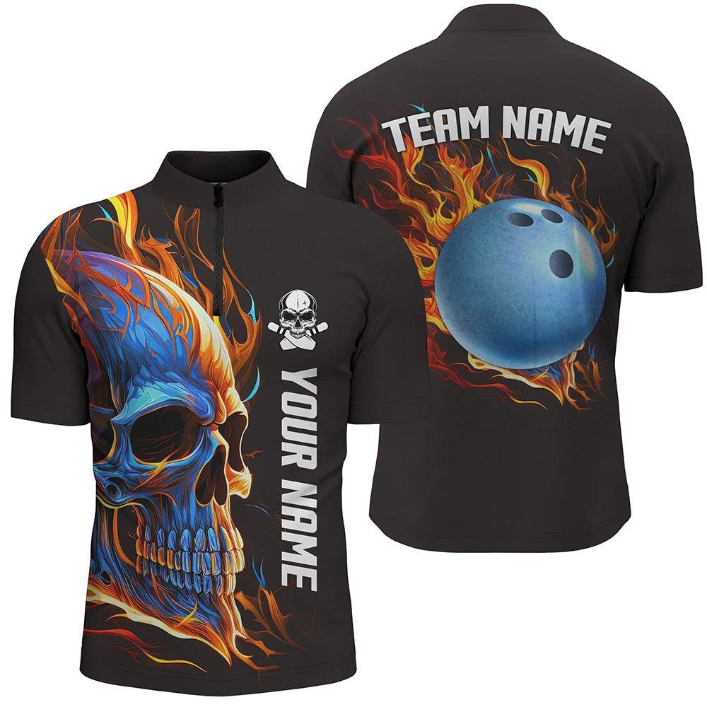 Vintage Bowling Shirts, Bowling Skull On Fire Bowling Quarter Zip Shirts For Men Custom Team Skull Bowling Jerseys