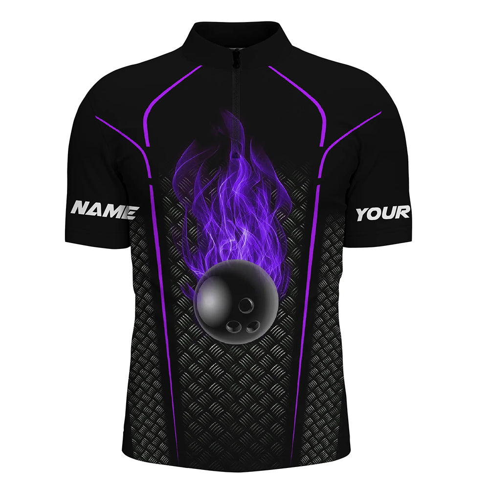 Bowling ball fire black custom Quarter Zip Bowling Jersey 3D Bowling Team Shirt For men Purple, Custom Team Bowling Jerseys, Bowling Shirts