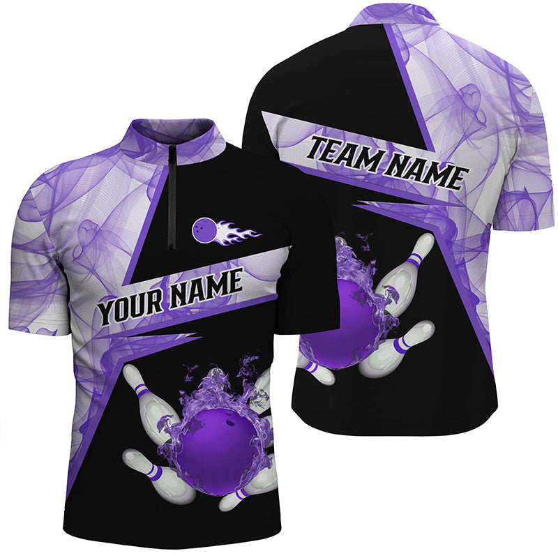 Bowling flame purple smoke pattern Custom black Men's bowling Quarter Zip shirts, Team Bowling Jersey, Custom Team Bowling Jerseys