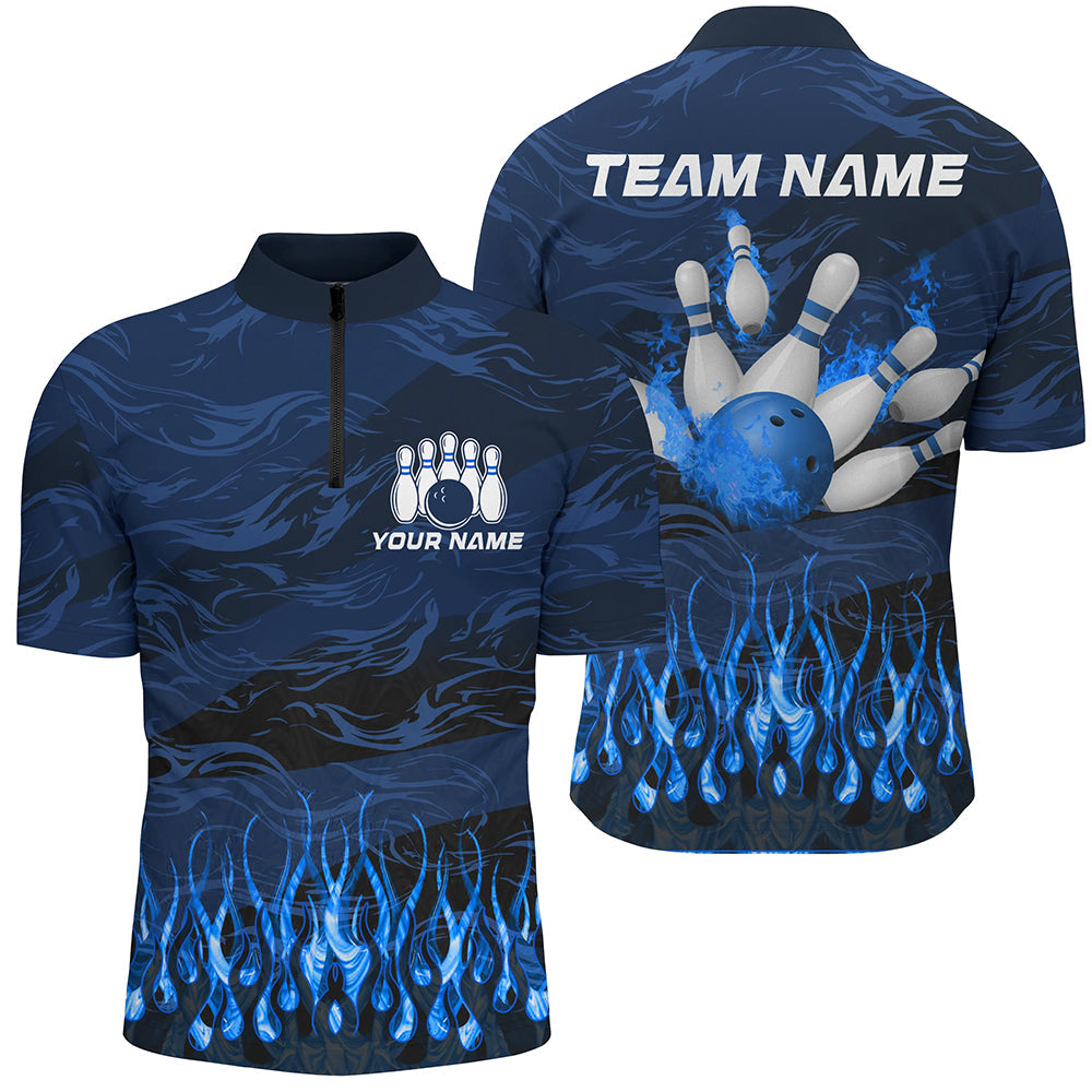 Bowling polo, quarter zip shirts for men Custom Blue camo Flame Bowling Team League Jerseys, Custom Team Bowling Jerseys, Bowling Shirts