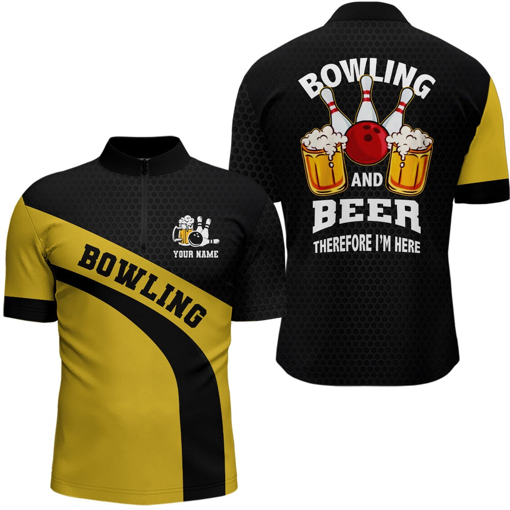 Bowling Team Quarter Zip Shirt For Men Custom Black And Yellow Bowling And Beer Therefore I M Here 1 Awiejw Vintage Bowling Shirts, Bowling Team Quarter Zip Shirt For Men Custom Black And Yellow Bowling And Beer Therefore I'M Here