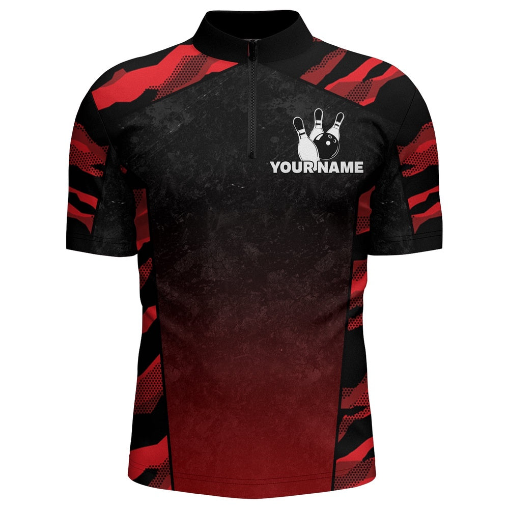 Vintage Bowling Shirts, Camo Bowling Quarter Zip Shirt For Men Custom Name And Team Name Bowling Jersey Strike Bowling Shi