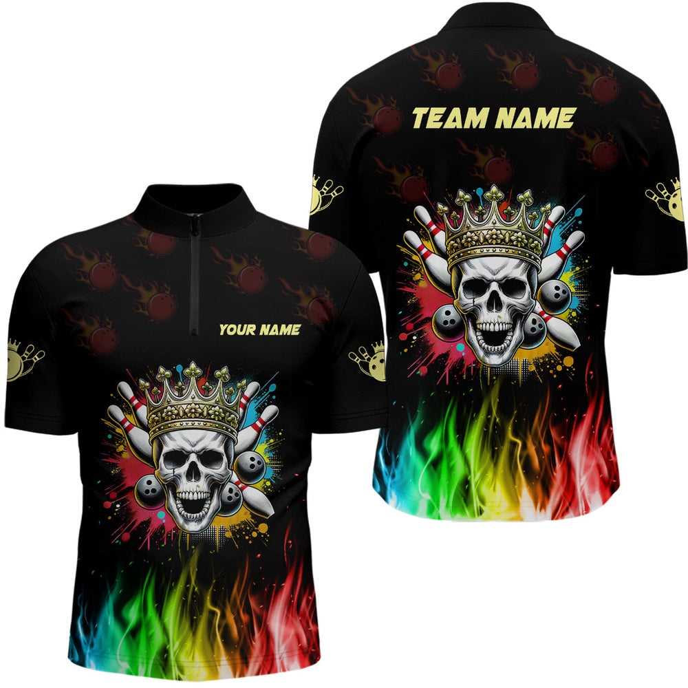 Vintage Bowling Shirts, Colorful Flame Skull Bowling Polo, Quarter Zip Shirt For Men Custom Bowling Team League Jerseys