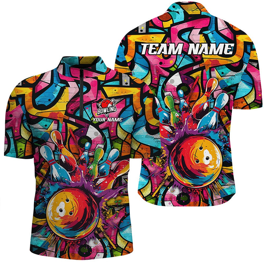 Vintage Bowling Shirts, Colorful Graffiti Pattern Mens Bowling Polo, Quarter Zip Shirt Custom Bowling Team League Jerseys