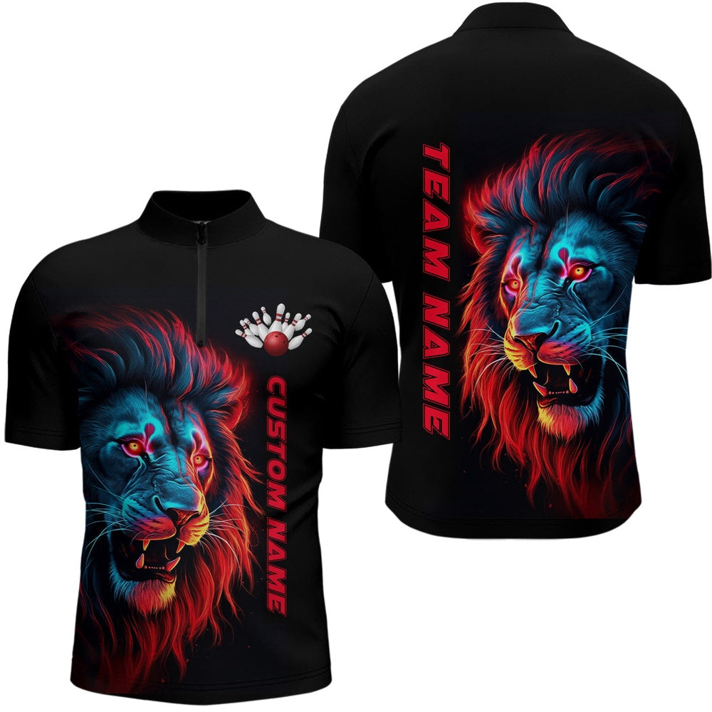 Vintage Bowling Shirts, Colorful Lion Bowling Men Quarter Zip Shirts Custom Bowling Team Jerseys Bowling League Shirts