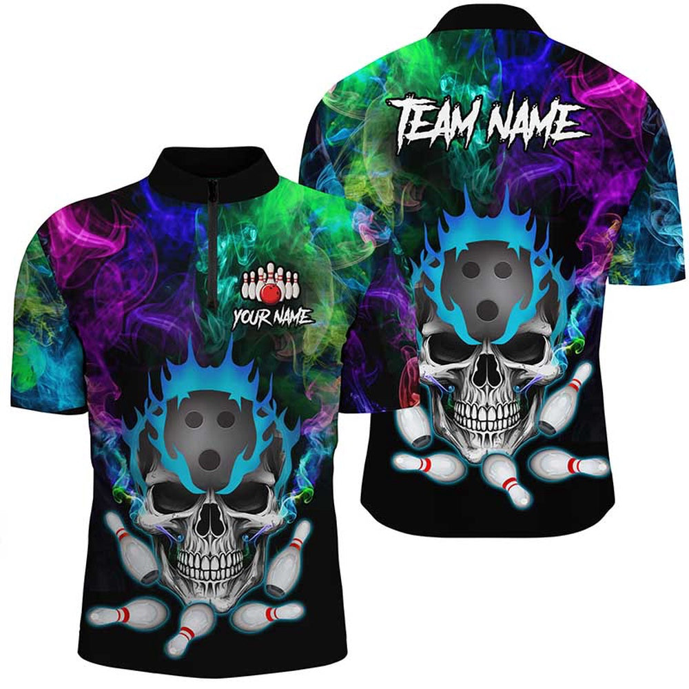Vintage Bowling Shirts, Colorful Smoke Skull Bowling Polo, Quarter Zip Shirt For Men Custom Team Bowling League Jerseys