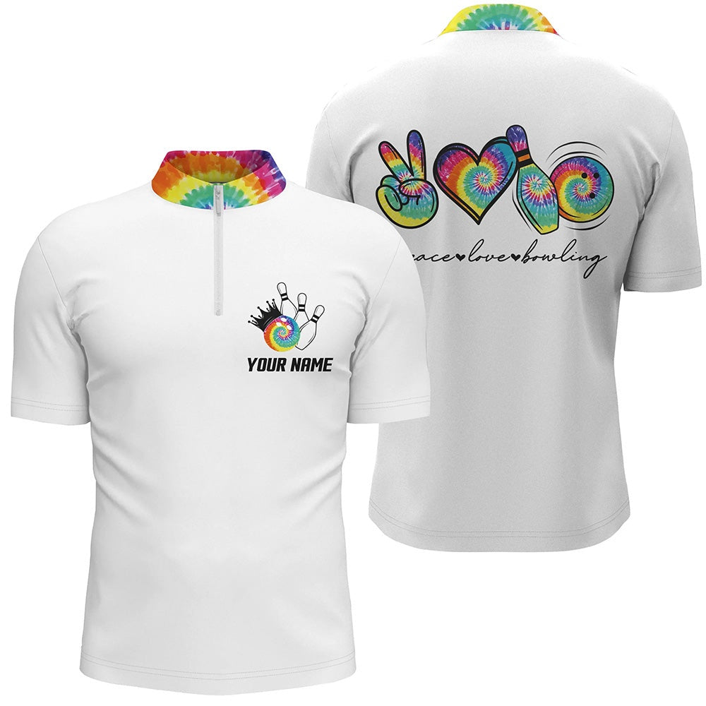 Vintage Bowling Shirts, Colorful Tie Dye Peace Love Bowling Custom Bowling Quarter-Zip Shirts For Men, Team Bowling Shirts