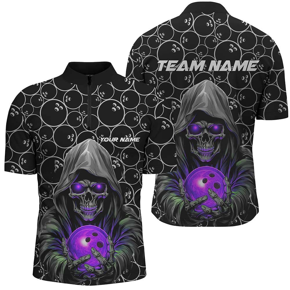 Vintage Bowling Shirts, Custom Bowlers Outfits Skull Purple Bowling Quarter Zip Shirts Men Bowling League Team Jerseys