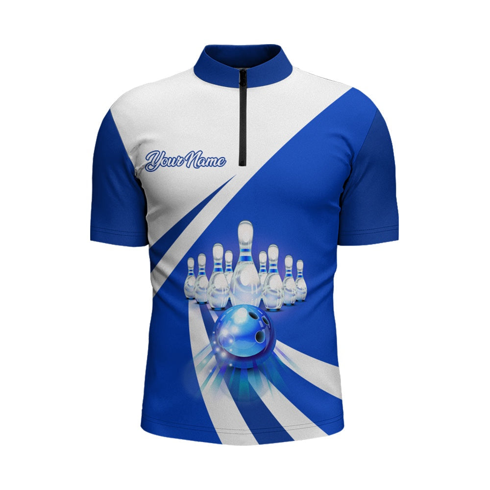 Vintage Bowling Shirts, Custom Bowling Quarter Zip Shirt For Men Blue Bowling Jersey 14 Zip Bowling Team League Shirt