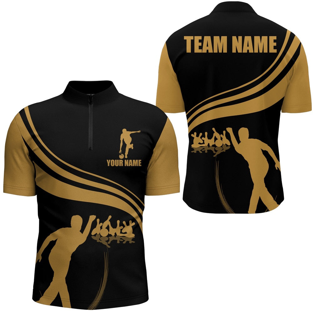 Vintage Bowling Shirts, Custom Bowling Shirt For Men, Quarter-Zip Shirt Black And Gold Men Bowlers Jersey Custom Bowling Team