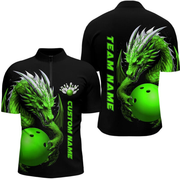 Vintage Bowling Shirts, Custom Green Dragon Men Bowling Quarter Zip Shirt Team Bowling Jerseys Bowling Apparel For Bowler
