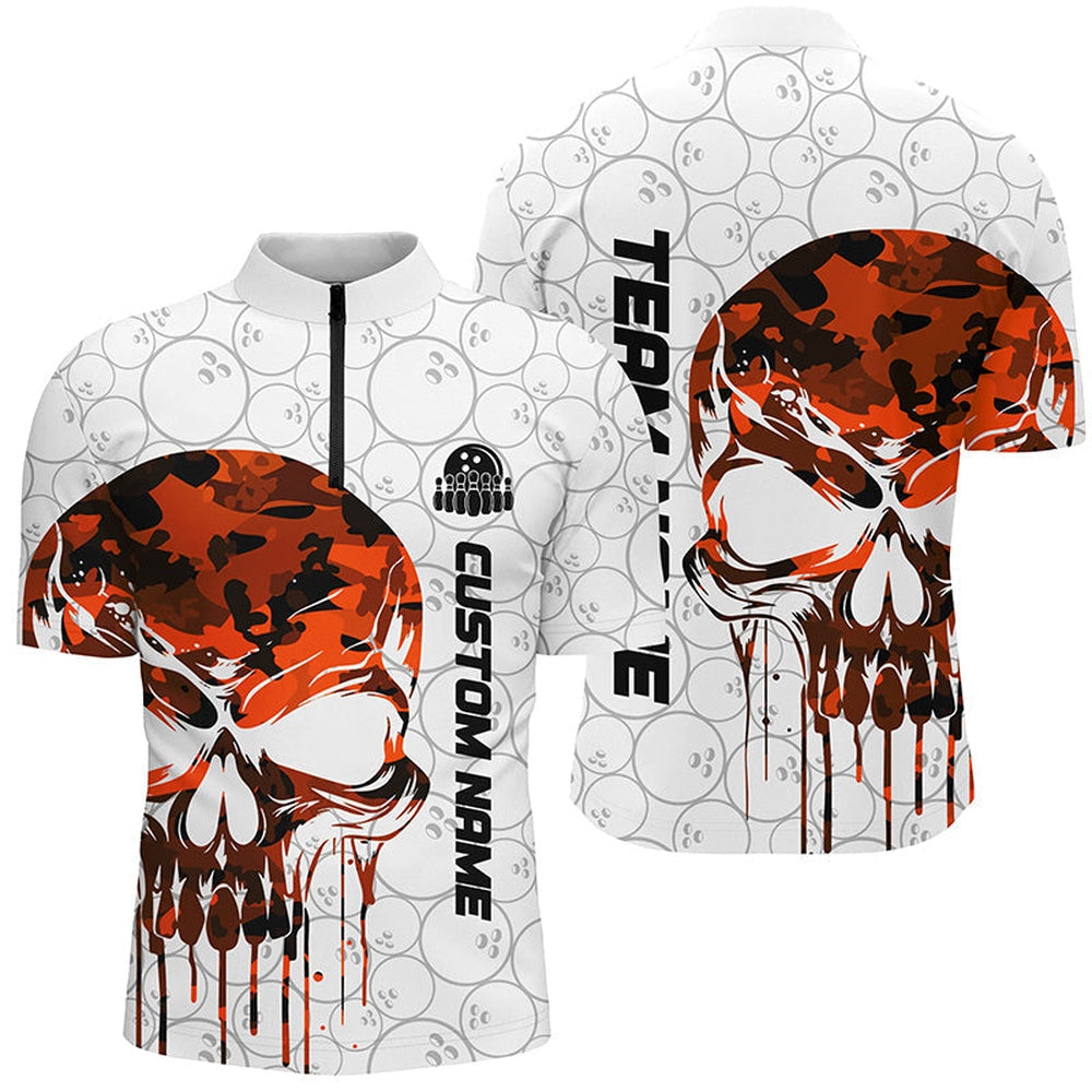 Vintage Bowling Shirts, Custom Orange Camo Skull Bowling Quarter Zip Shirts Men Team Bowling Jerseys Bowling League
