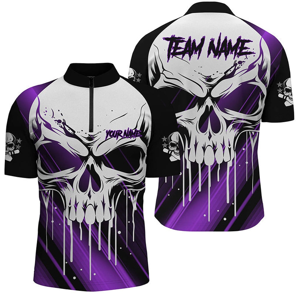 Vintage Bowling Shirts, Custom Skull Bowling Jerseys For Men Bowling Team Quarter Zip Shirts Halloween Outfits Purple