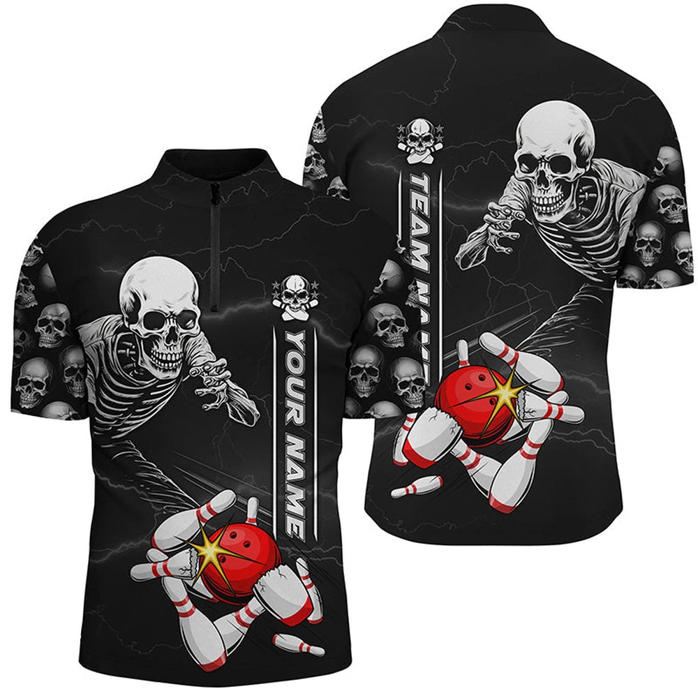 Vintage Bowling Shirts, Custom Skull Bowling Quarter Zip Shirt Unisex Halloween Skeleton Team Bowling Shirt
